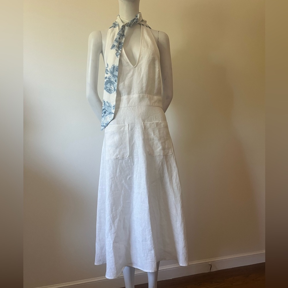 Behida Dolic White Halter French Linen Dress, Made in New York